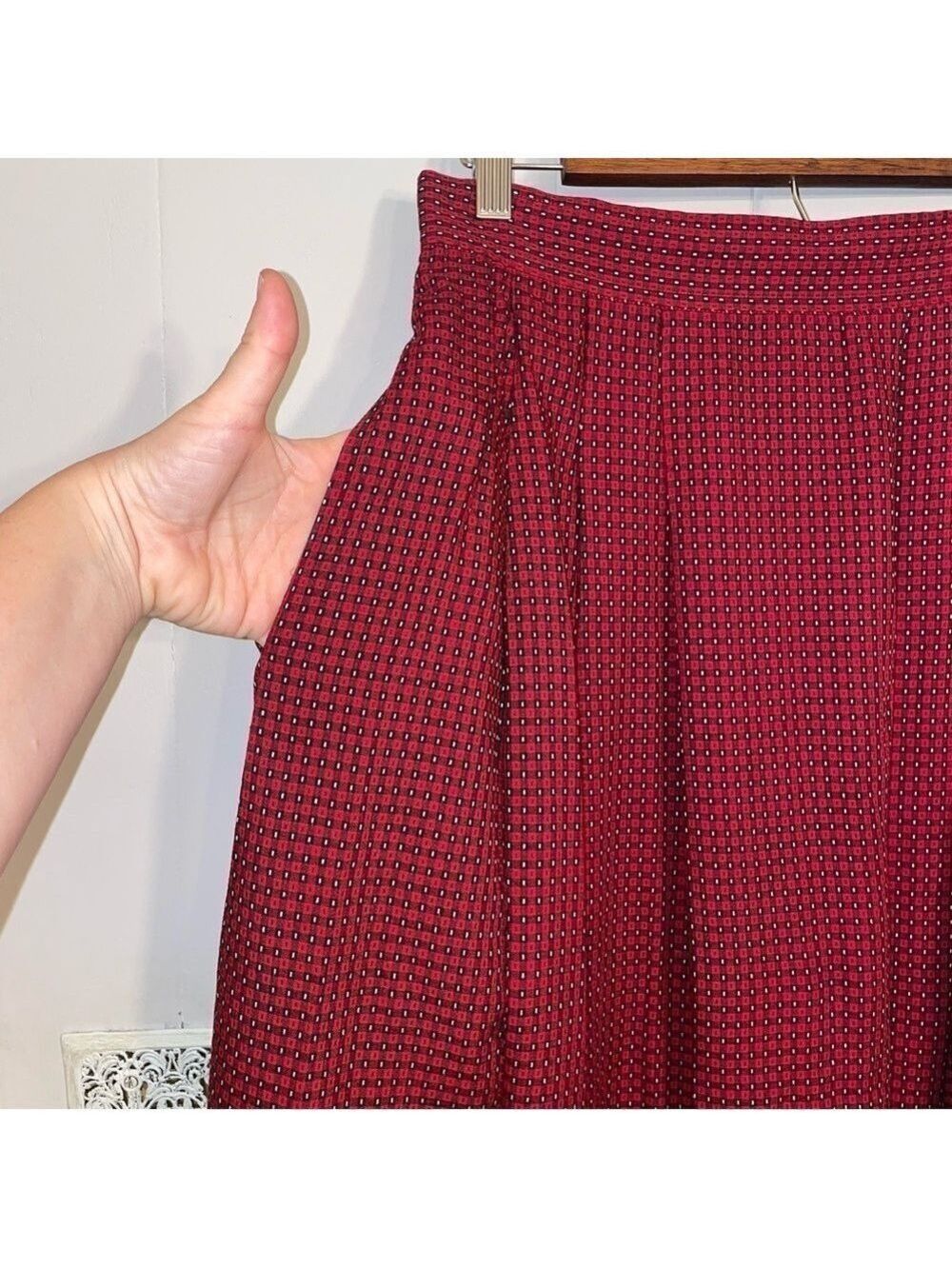 Vintage 90s Bechamel Red Geometric Rayon Midi Skirt High Waist Button Detail Cot - Picture 9 of 11